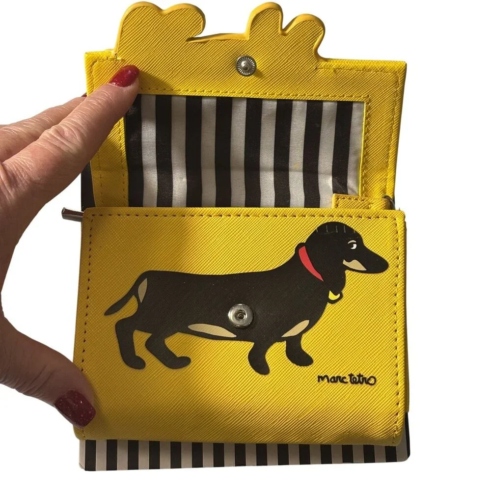 Marc Tetro Small Keychain Wallet Yellow Dachshund Design With Striped Interior - Picture 3 of 7